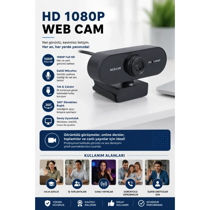 Webcam Orjınal Hd 1080p Konferans Kamera Dahili Mikrofon Görüntülü Sohbet Yayın Kamerası Hd Video