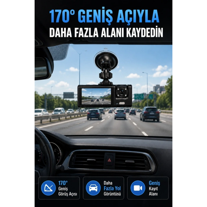 Wifi Destekli Araç İçi Kamera Çift Kameralı Full Hd 1080p 170° Geniş Açılı Araç Kayıt Kamerası