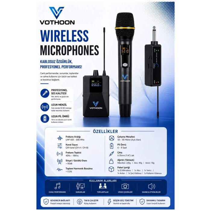 Wireless Mikrofon Sistemi Uhf Kablosuz El Mikrofonu Profesyonel Ses Performansı 50 Mt Menzil