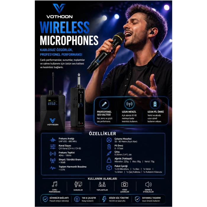 Wireless Mikrofon Sistemi Uhf Kablosuz El Mikrofonu Profesyonel Ses Performansı 50 Mt Menzil