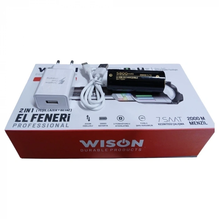 Ws-9954 25w  Zoomlu Yeşil Lazerli Metal Şarjlı El Feneri