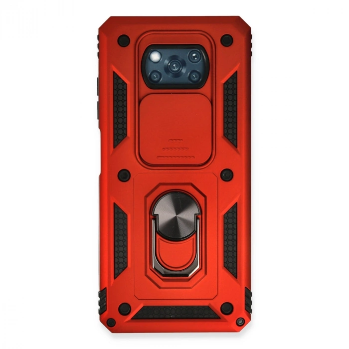 Xiaomi Pocophone X3 Kılıf Pars Lens Yüzüklü Silikon - Kırmızı