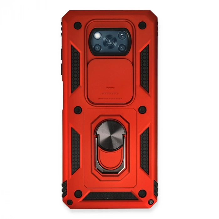 Xiaomi Pocophone X3 Kılıf Pars Lens Yüzüklü Silikon - Kırmızı