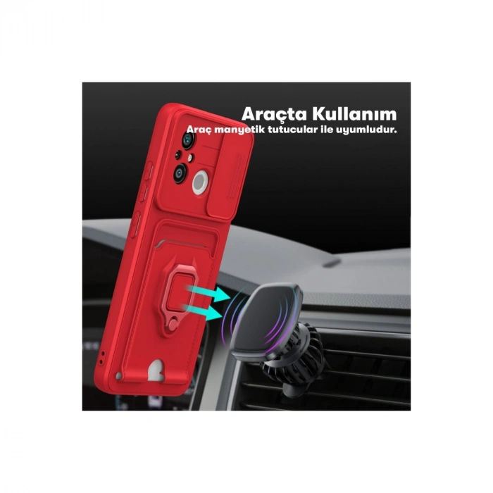 Xiaomi Redmi 12c Kılıf Zuma Kartvizitli Yüzüklü Silikon - Kırmızı