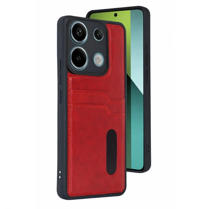 Xiaomi Redmi 15c 4g Sara Kartvizitli Deri Kılıf - Kırmızı