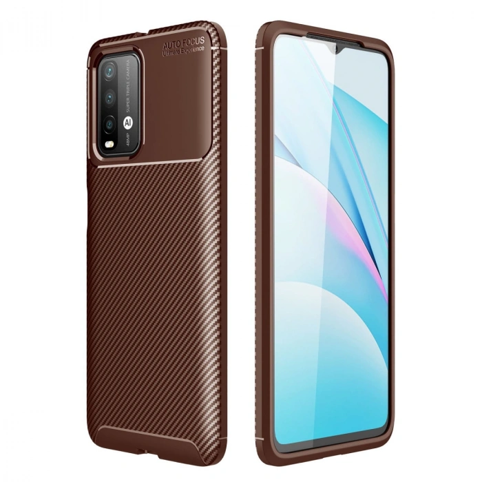 Xiaomi Redmi 9t Kılıf Auto Focus Karbon Kapak - Kahverengi