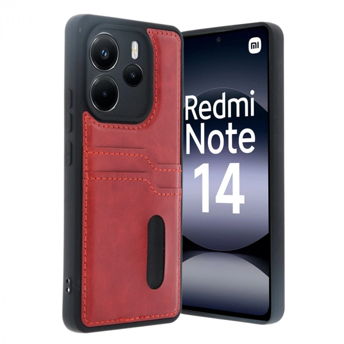 Xiaomi Redmi Note 14 4g Kılıf Sara Kartvizitli Deri Kılıf - Kırmızı