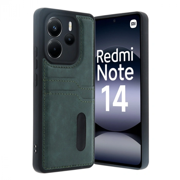 Xiaomi Redmi Note 14 4g Kılıf Sara Kartvizitli Deri Kılıf - Koyu Yeşil