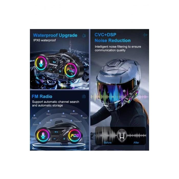 Y13 Motor Kask Kulaklık Rgb Modlu Radyolu Motosiklet Kulaklık 5.3 Bluetooth Intercom