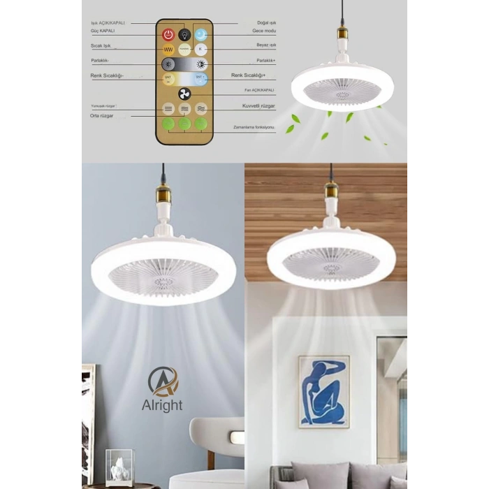 Yeni Nesil E27 Duylu Kumandalı Tavan Vantilatörlü Led Lamba 3 Hız Ayarı Ve 3 Renk Ayarı