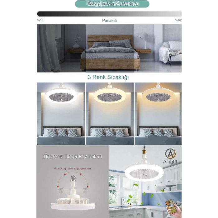 Yeni Nesil E27 Duylu Kumandalı Tavan Vantilatörlü Led Lamba 3 Hız Ayarı Ve 3 Renk Ayarı