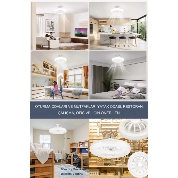 Yeni Nesil E27 Duylu Kumandalı Tavan Vantilatörlü Led Lamba 3 Hız Ayarı Ve 3 Renk Ayarı