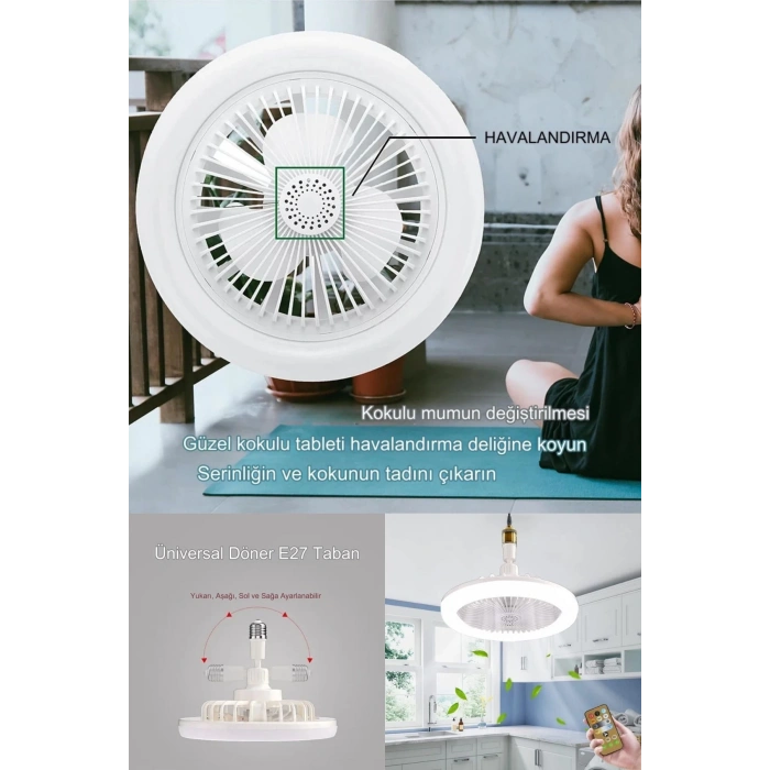 Yeni Nesil E27 Duylu Kumandalı Tavan Vantilatörlü Led Lamba 3 Hız Ayarı Ve 3 Renk Ayarı