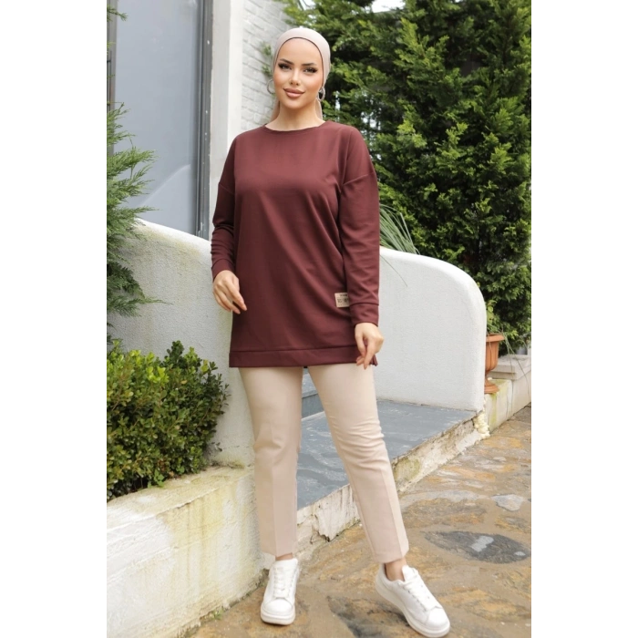 Yeni Stil Kahve Arma Detaylı Tunik 10020