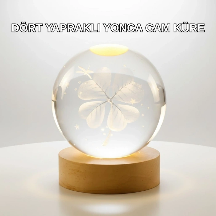 Yonca Figürlü Cam Küre Usb Işıklı Ahşap Tabanlı Dekoratif Masa Lambası