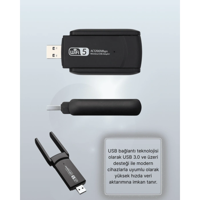 Yüksek Hızlı 1200 Mbps Çift Bant Usb Wifi Adaptör – Güçlü Sinyal, Geniş Uyumluluk