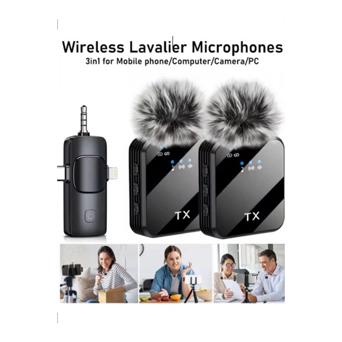 Yüksek Kalite Profesyonel 3 In 1 Kablosuz Taşınabilir Yaka Mikrofonu Tüylü