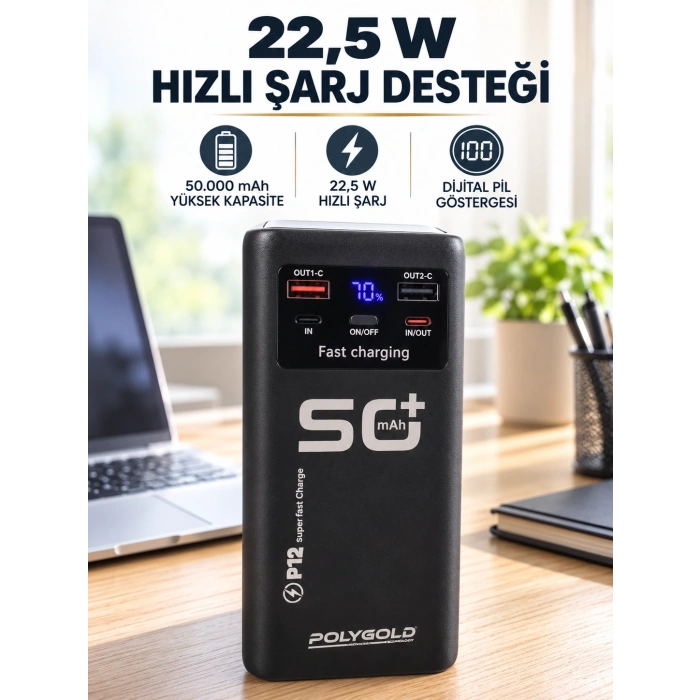 Yüksek Kapasiteli 50.000 Mah Powerbank 22,5 W Hızlı Şarj 4 Dahili Kablo Led Aydınlatma