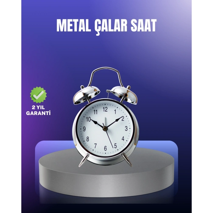 Yuvarlak Gümüş Dekoratif Işıklı Masa Üstü Saat Alarmlı Sessiz Çalışma