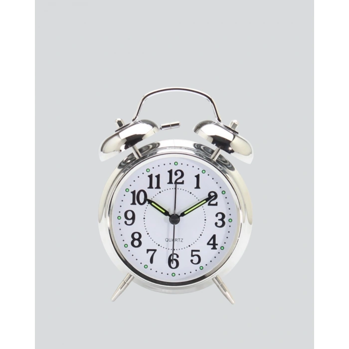 Yuvarlak Gümüş Dekoratif Işıklı Masa Üstü Saat Alarmlı Sessiz Çalışma