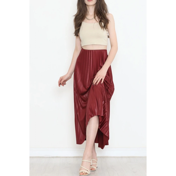 Zarif Ve Modern Pileli Parlak Krep Gizli Lastikli Bordo Etek