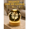Bitki Temalı Led Işıklı Cam Küre Ahşap Standlı Modern Gece Lambası