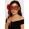 Lüks Taşlı Saplı Maskeli Balo Maskesi Kırmızı Renk 35 Cm