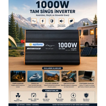 1000w Tam Sinüs İnverter 12v Ac Çevirici | Sessiz Fanlı, Usb Çıkışlı, Araç Karavan Tekne Solar Uyumlu Güç İnverteri