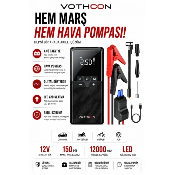 12000 Mah Akıllı Akü Takviye Ve Dijital Hava Pompası Akım Korumalı