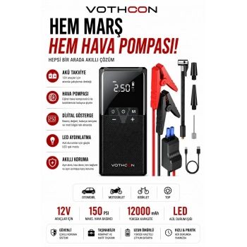 12000 Mah Akıllı Akü Takviye Ve Dijital Hava Pompası Akım Korumalı