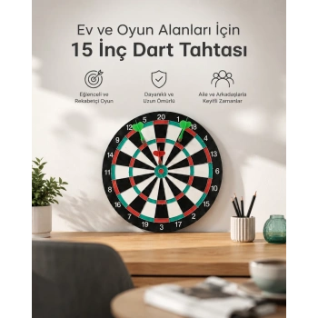 15 İnç Büyük Boy Dart Tahtası Ev Oyun Seti 4 Adet Metal Uç Oklu