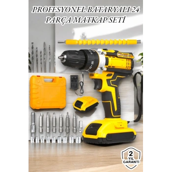 24 Parça Çift Bataryalı Şarjlı Matkap Seti 24w Motor Ve Otomatik Mil Kilitli Tasarım
