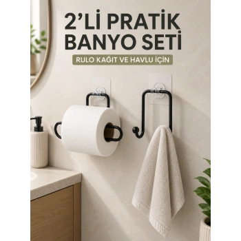 2’li Yapışkanlı Banyo Düzenleme Seti Rulo Kağıt Tutucu Ve Havlu Askılığı