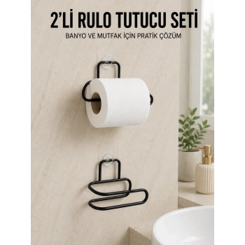 2’li Yapışkanlı Tuvalet Kağıdı Tutucu Siyah Metal Duvar Tipi Rulo Kağıtlık