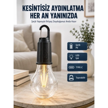 3 Farklı Mod Ledli Şarjlı Asma Kancalı Kamp Lambası Taşınabilir Ampul