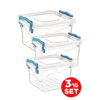 3lü Kare Kelepçeli Şeffaf Saklama Kabı Seti | Kapaklı Saklama Kabı Set 2.4 Lt - 1.2 Lt - 550 Ml-82111 (599)