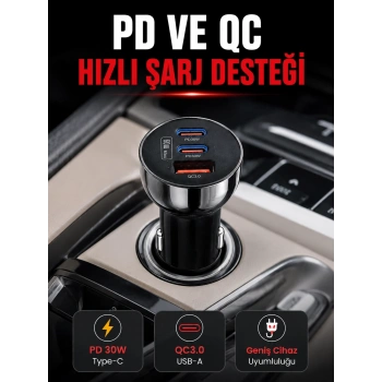 3 Portlu Araç İçi Şarj Adaptörü Çift Pd Type-c Ve Qc3.0 Usb Çıkışlı