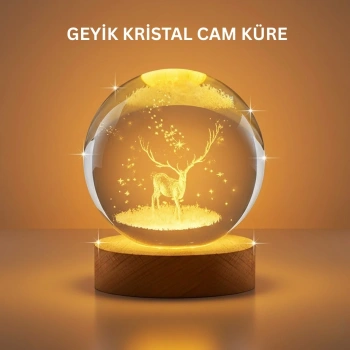 3d Geyik Desenli Kristal Küre Usb Işıklı Ahşap Tabanlı Oda Lambası