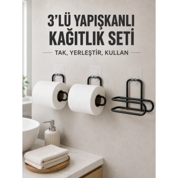 3’lü Siyah Duvar Tipi Kağıtlık Seti Yapışkanlı Pratik Rulo Tutucu