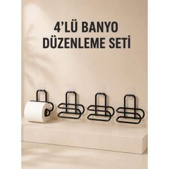 4 Adet Yapışkanlı Tuvalet Kağıdı Askısı Siyah Metal Delmeden Duvara Monte Wc Kağıtlık