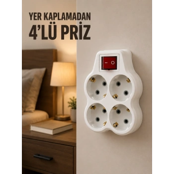 4’lü Priz Çoğaltıcı Açma Kapama Anahtarlı Kablosuz Duvar Tipi Priz Adaptörü