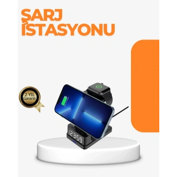 4’ü 1 Arada Kablosuz Şarj İstasyonu – Led Saat Ekranlı, Apple Uyumlu, Akıllı Güvenlik Koruması