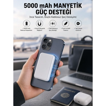 5000 Mah İos Uyumlu Magsafe Kablosuz Şarj Hızlı Şarj Desteği