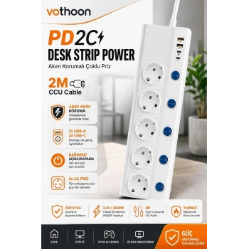 5’li Akım Korumalı Çoklu Priz 2 Metre Kablolu 3680w 16a 5 Anahtarlı 2usb-a 2 Usb-c Pd 20w Hızlı Ftr-28