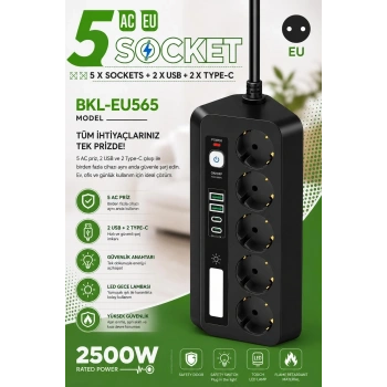 5’li Akım Korumalı Priz 2500w | 2 Usb + 2 Type-c Hızlı Şarj | Led Gece Lambalı | Dokunmatik Siyah