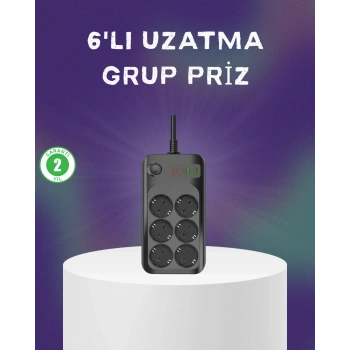 6 Prizli Çoklu Uzatma Kablosu Usb Type-c Hızlı Şarj Termal Koruma
