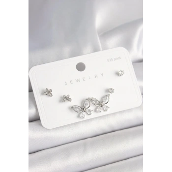 925 Ayar Gümüş Çivi Pirinç Gümüş Renk Zirkon Taşlı Kelebek Model Kadın Küpe Seti - BKP10394 (599599)