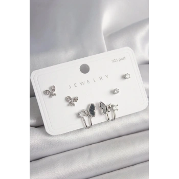 925 Ayar Gümüş Çivi Pirinç Gümüş Renk Zirkon Taşlı Kelebek Model Kadın Küpe Seti - BKP10404 (599599)