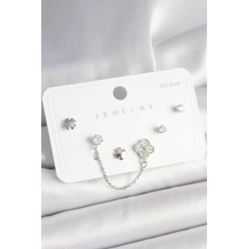 925 Ayar Gümüş Çivi Pirinç Gümüş Renk Zirkon Taşlı Yonca Model Sallantı Zincir Detay Kadın Küpe Seti - BKP10400 (599599)