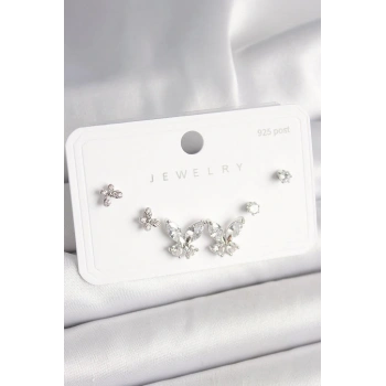 925 Ayar Gümüş Çivi Pirinç Zirkon Taşlı Kelebek Model Kadın Küpe Seti - BKP10402 (599599)
